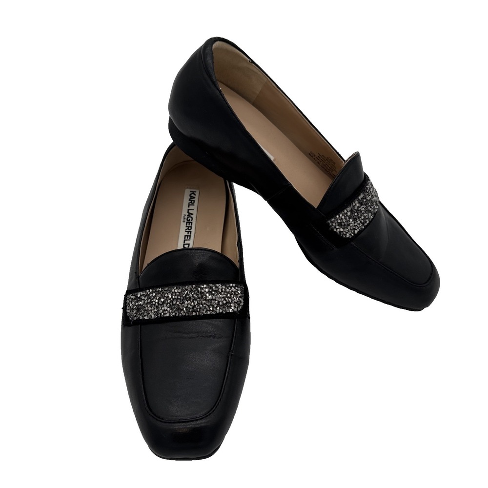 Karl Lagerfeld Loafers Black Quincey Crystal-Embellished Slip On Shoes 7.5 M